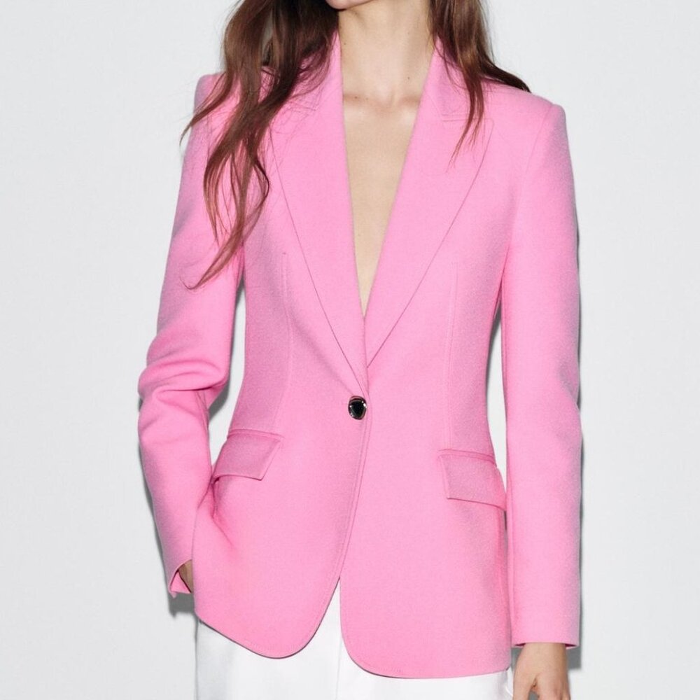 Zara Pink Tailored Blazer with Shoulder Pads, XS